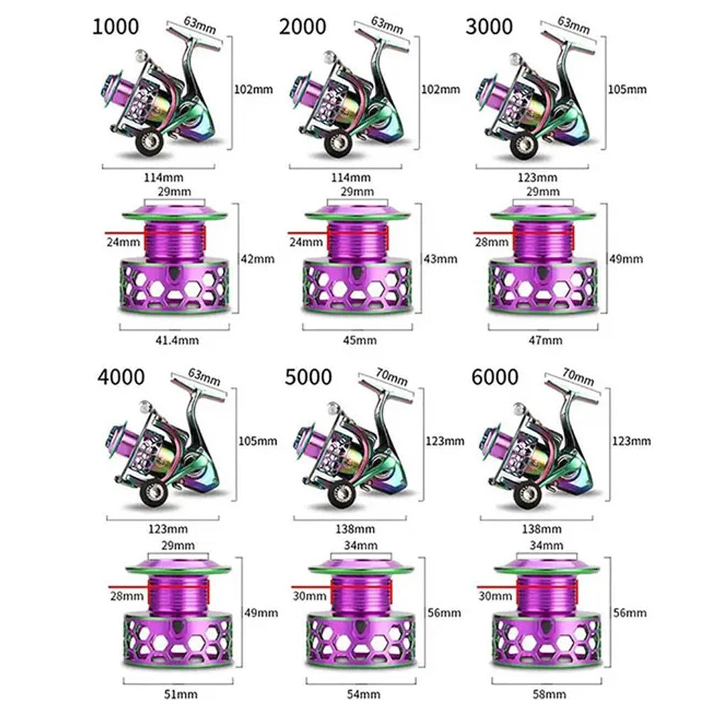 Colorful Metal Spinning Reel 1000-6000 Long Casting Fishing Reel Gapless Black Fishing Reel 5.0 High Speed