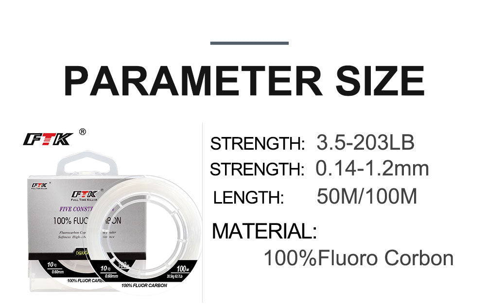 Fil de pêche FTK 100 % fluorocarbone résistant à l'abrasion (100 mètres)
