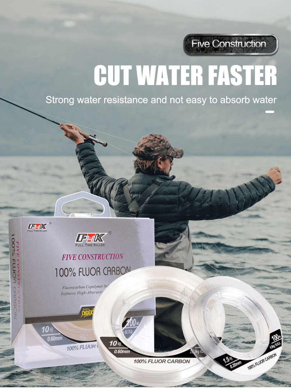 Fil de pêche FTK 100 % fluorocarbone résistant à l'abrasion (100 mètres)